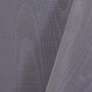 Gray textured sheer fabric with soft moire effect and diagonal folded drape.