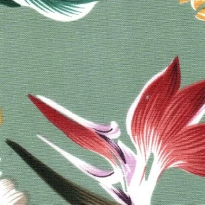 Red tropical bird of paradise flower on sage green textured fabric background.