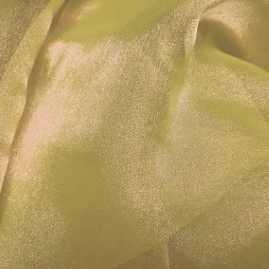 Shimmery gold-green satin fabric with soft, lustrous folds and delicate textural highlights.