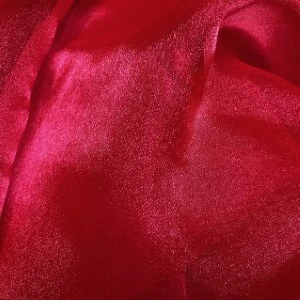 Crimson red shimmery fabric with luxurious satin-like folds and rich textural surface.