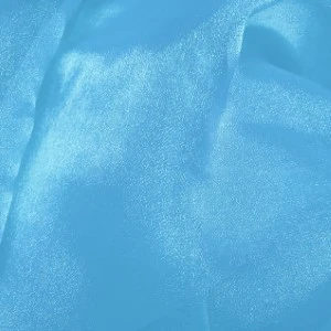 Light blue shimmery fabric with soft wrinkles and metallic sheen for event linen rental.