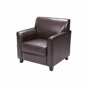 Dark brown leather armchair with clean lines and squared arms for event seating.