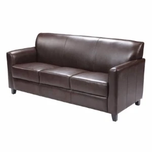 Brown leather three-seat sofa with clean lines and tapered wooden legs for event seating.