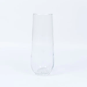 Clear glass tall stemless champagne flute with smooth cylindrical shape on white background.