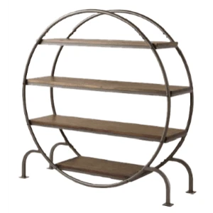 Round bronze metal shelving unit with rustic wooden shelves and circular frame design.