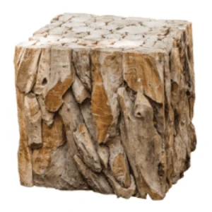 Rustic wooden cube side table with textured bark-like surface in natural brown tones.