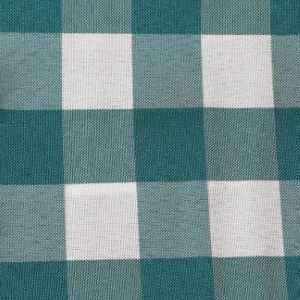 Teal and white buffalo check plaid fabric with woven texture for event linen rental.