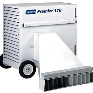 White and gray Leblanc Premier 170 portable industrial dehumidifier with wheels and filter unit.