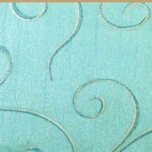 Aqua blue textured linen with delicate swirling embroidered scroll pattern in silver thread.