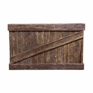 Rustic wooden barn door gate with weathered brown planks and diagonal brace.