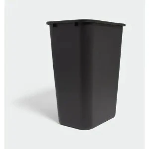 Large black plastic rectangular waste basket for office or event rental.