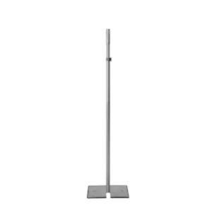 Silver metal adjustable floor stand with square weighted base for event signage or display.