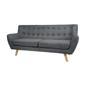 Gray mid-century modern sofa with tufted upholstery and angled wooden legs for event seating.