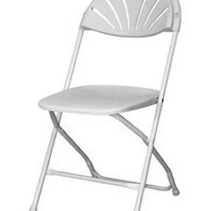White plastic folding chair with curved fan-shaped backrest and sturdy metal frame for event seating.