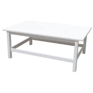 White rectangular wood coffee table with clean lines and lower support shelf for event rentals.