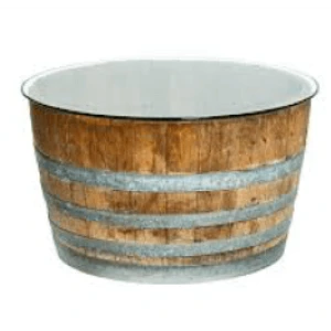 Rustic wooden barrel-style container with metal bands in weathered gray and brown tones.