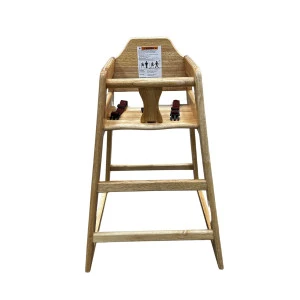 Wooden high chair with safety straps and classic design for restaurant or catering rentals.