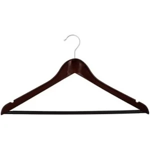 Dark wooden clothes hanger with curved design and metal hook for garment storage.