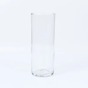 Clear cylindrical glass vase with straight sides and smooth transparent surface.