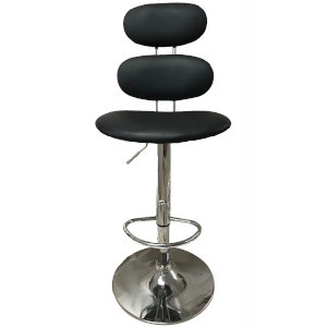 Black padded adjustable bar stool with curved backrest and chrome metal base for event seating.