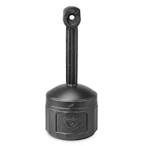 Black cylindrical outdoor ashtray with tall top handle and textured design for commercial smoke disposal.