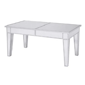 Rectangular white wood dining table with tapered legs and clean minimalist design for event rentals.