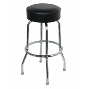 Black leather padded bar stool with chrome circular legs and round swivel seat for event seating.