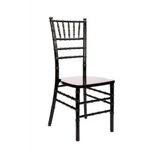 Black metal Chiavari chair with vertical spindle back and slim frame for event seating.
