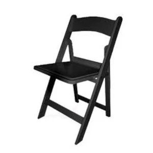 Black wooden folding chair with simple design and clean lines for event seating rentals.