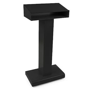 Black rectangular podium with sturdy vertical column and flat top surface for presentations.