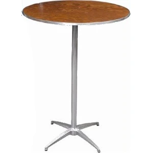 Round wood-topped cocktail table with silver metal base and four-star pedestal for event rentals.