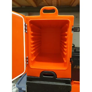 Bright orange insulated container with open lid, featuring ridged interior and portable design for catering or.