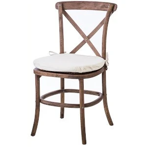 Rustic wooden cross-back dining chair with white cushion and weathered finish for event seating.