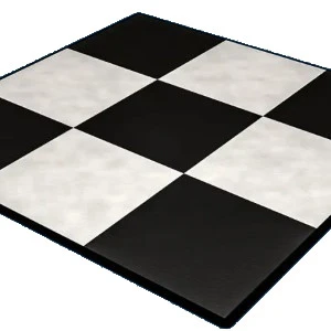 Black and white checkered dance floor tile rental with glossy square panels in alternating colors.