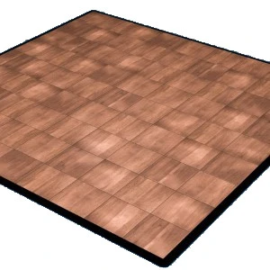 Wooden dance floor panel with interlocking rectangular tiles in warm brown tones and black border.