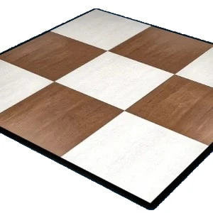 Wooden dance floor with alternating brown and white square tiles and black border for event flooring rental.