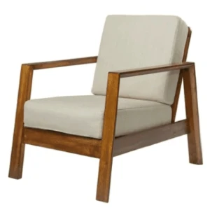 Minimalist wooden armchair with light beige upholstery and clean mid-century modern design.