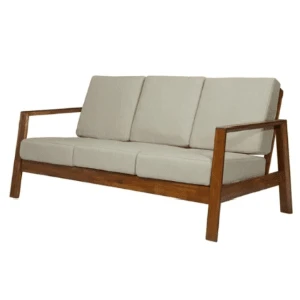 Minimalist wooden sofa with light beige cushions and clean angular frame for modern event seating.