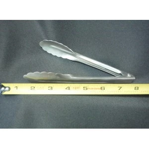 Stainless steel kitchen tongs with soft curved edges, measured against yellow tape measure on gray background.