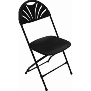 Black folding chair with fan-back design and padded seat, sturdy metal frame for event seating.