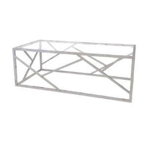 Geometric white metal console table with open lattice frame design and transparent glass top.