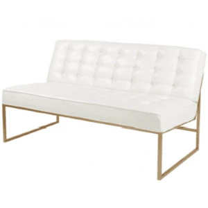 Minimalist white tufted lounge bench with gold metal frame for modern event seating.