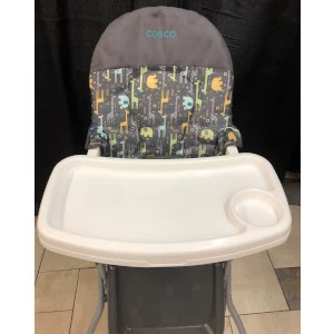 Gray and patterned high chair with white plastic tray for infant seating and event rentals.