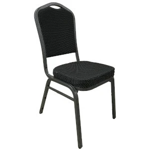Black padded banquet chair with curved top rail, metal frame, and textured fabric upholstery for event seating.