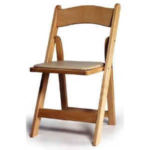 Wooden folding chair with light brown finish and simple design, ideal for event seating rentals.
