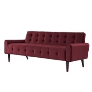 Burgundy tufted mid-century modern sofa with button details and tapered wooden legs for event seating.