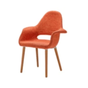 Terracotta organic-shaped chair with curved seat and wooden legs for modern event seating.