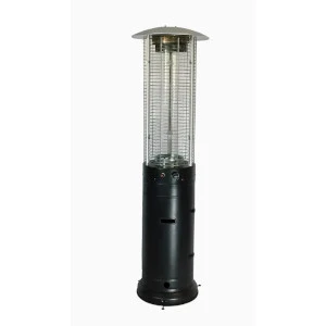 Black cylindrical patio heater with glass enclosure and metal top for outdoor event comfort.