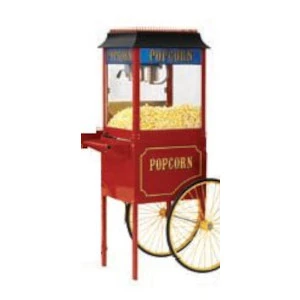 Vintage-style red popcorn cart with gold popped corn, black roof, and large wheeled base for events.