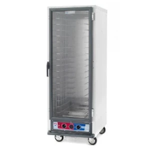 Large stainless steel mobile heated holding cabinet with clear glass door and rolling casters for catering and.